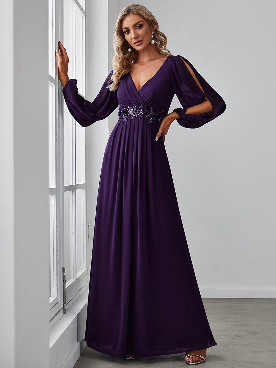 Color=Dark Purple | One Stop Shop Long Sleeve Lantern Sleeve Deep V-Neck A-Line Floor Length Evening Dresses-Dark Purple 5