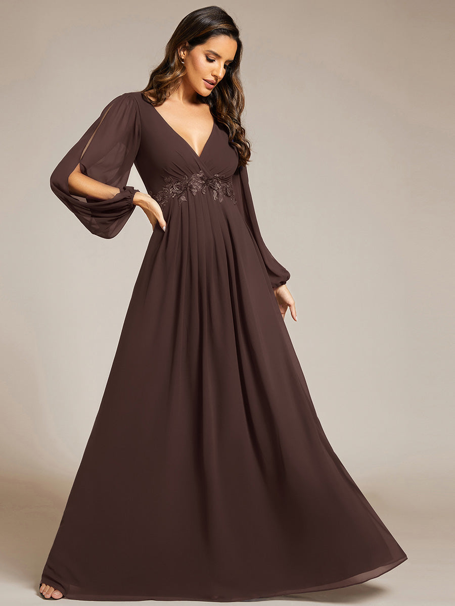 Color=Espresso | One Stop Shop Long Sleeve Lantern Sleeve Deep V-Neck A-Line Floor Length Evening Dresses-Espresso 11
