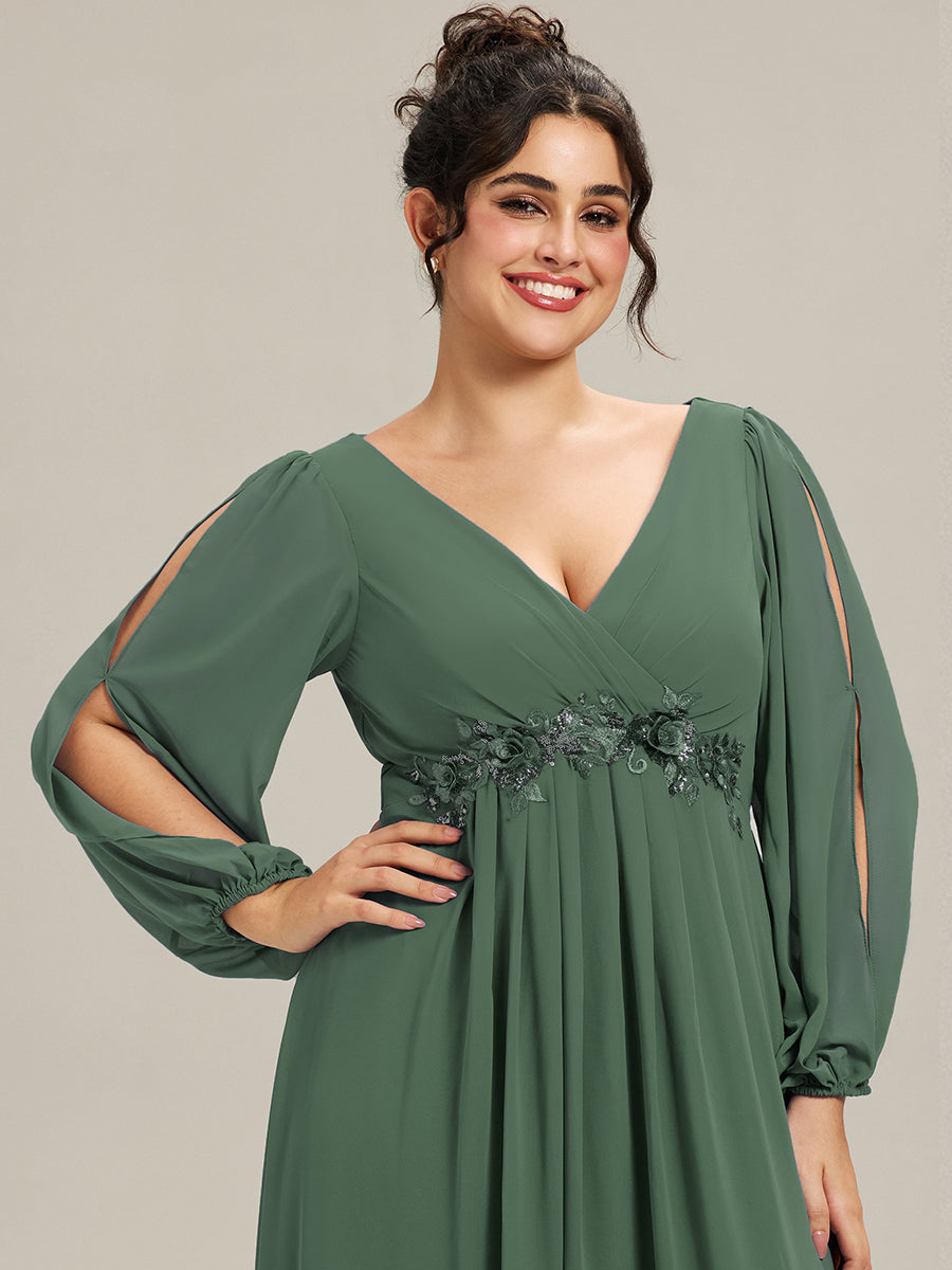 Color=Eucalyptus | One Stop Shop Long Sleeve Lantern Sleeve Deep V-Neck A-Line Floor Length Evening Dresses-Eucalyptus 28