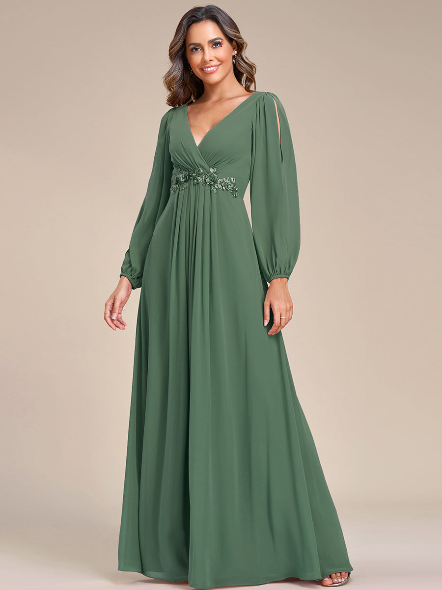Color=Eucalyptus | One Stop Shop Long Sleeve Lantern Sleeve Deep V-Neck A-Line Floor Length Evening Dresses-Eucalyptus 21