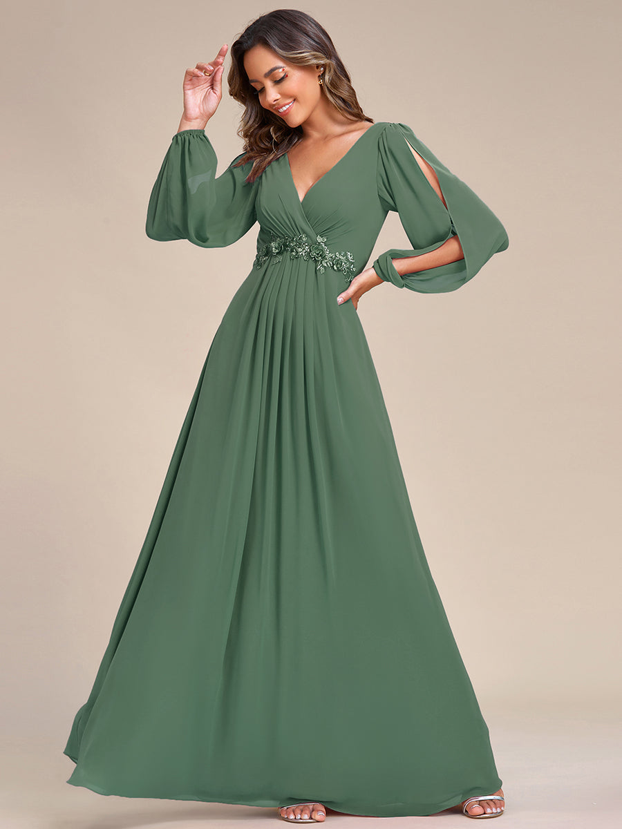 Color=Eucalyptus | One Stop Shop Long Sleeve Lantern Sleeve Deep V-Neck A-Line Floor Length Evening Dresses-Eucalyptus 24