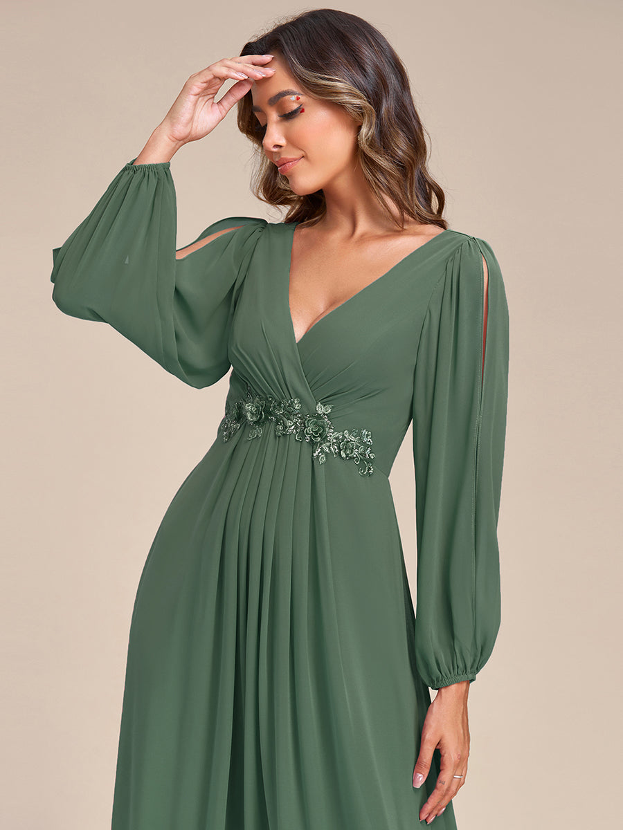 Color=Eucalyptus | One Stop Shop Long Sleeve Lantern Sleeve Deep V-Neck A-Line Floor Length Evening Dresses-Eucalyptus 23