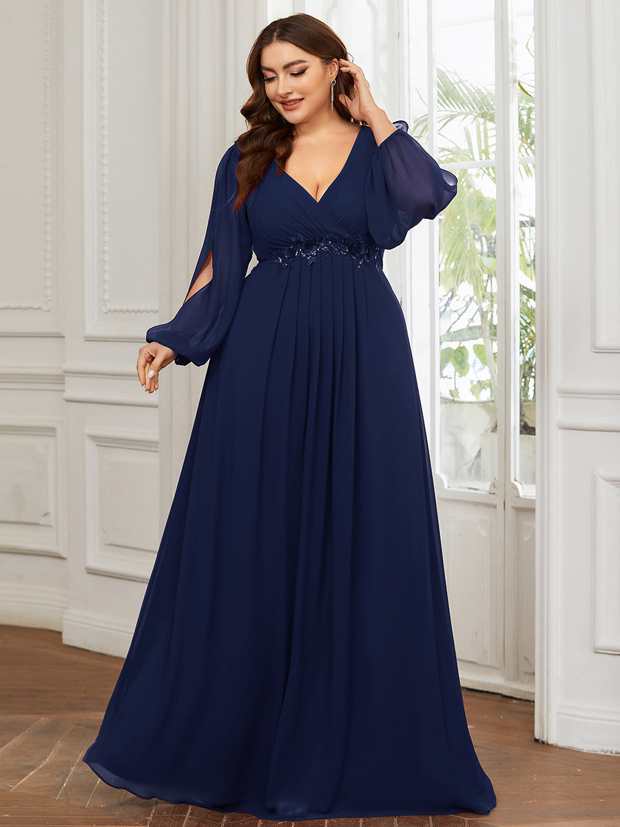Color=Navy Blue | Factory Design Long Sleeve Lantern Sleeve Deep V-Neck A-Line Floor Length Evening Dresses-Navy Blue 16