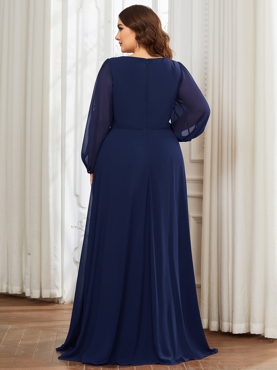 Color=Navy Blue | Factory Design Long Sleeve Lantern Sleeve Deep V-Neck A-Line Floor Length Evening Dresses-Navy Blue 17