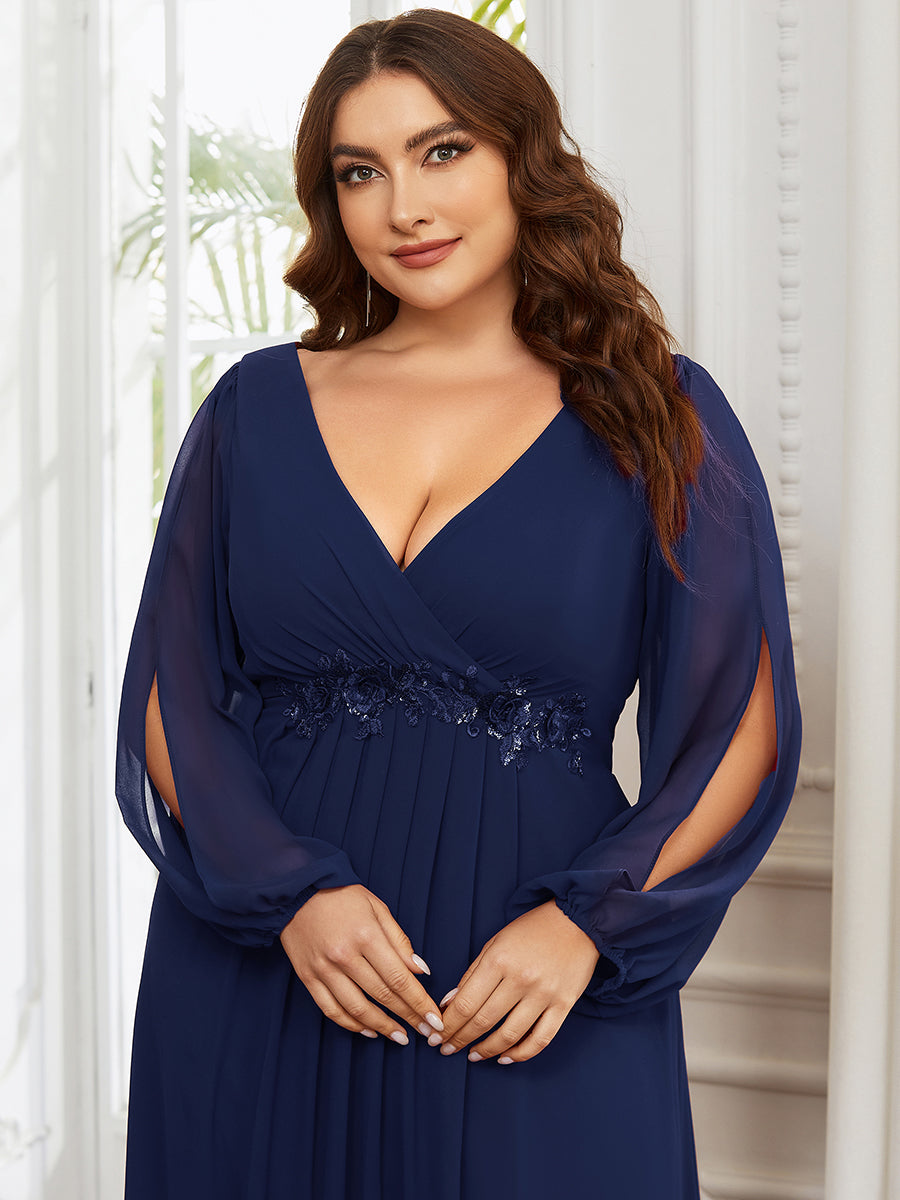 Color=Navy Blue | Factory Design Long Sleeve Lantern Sleeve Deep V-Neck A-Line Floor Length Evening Dresses-Navy Blue 18