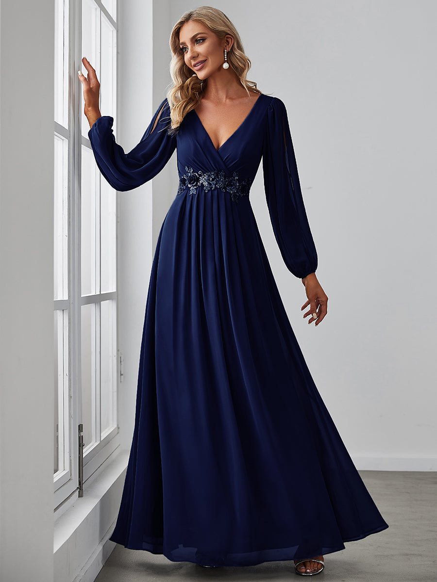 Color=Navy Blue | Factory Design Long Sleeve Lantern Sleeve Deep V-Neck A-Line Floor Length Evening Dresses-Navy Blue 11