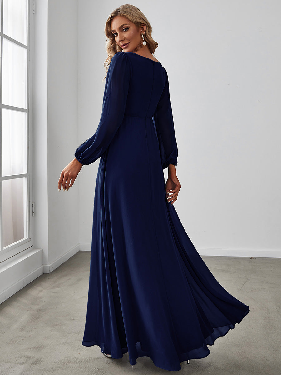 Color=Navy Blue | Factory Design Long Sleeve Lantern Sleeve Deep V-Neck A-Line Floor Length Evening Dresses-Navy Blue 12