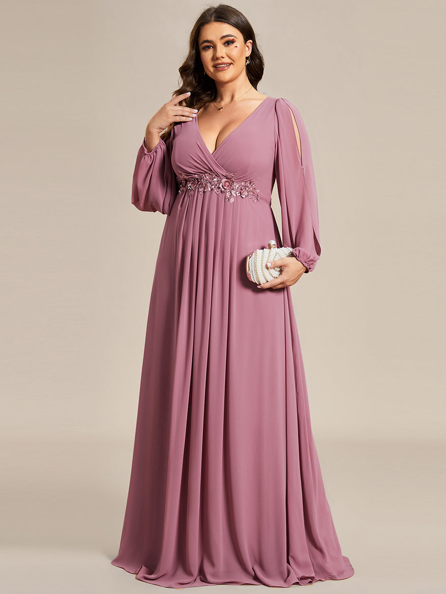 Color=Purple Orchid | Factory Design Long Sleeve Lantern Sleeve Deep V-Neck A-Line Floor Length Evening Dresses-Purple Orchid 30