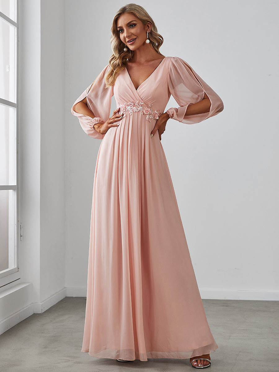 Factory Design Long Sleeve A-Line Floor Length Deep V-Neck Evening Dresses