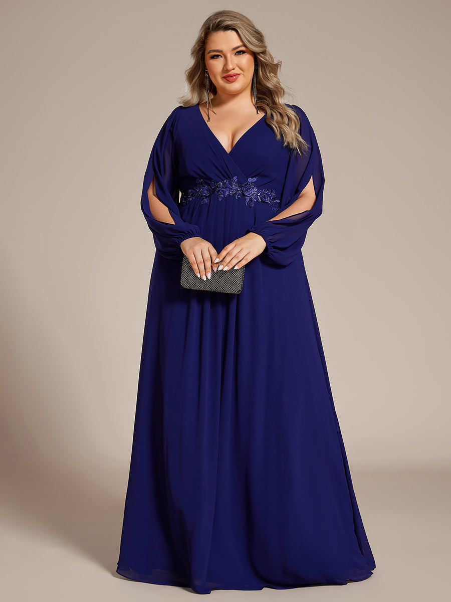 Color=Royal Blue | Factory Design Long Sleeve Lantern Sleeve Deep V-Neck A-Line Floor Length Evening Dresses-Royal Blue 39