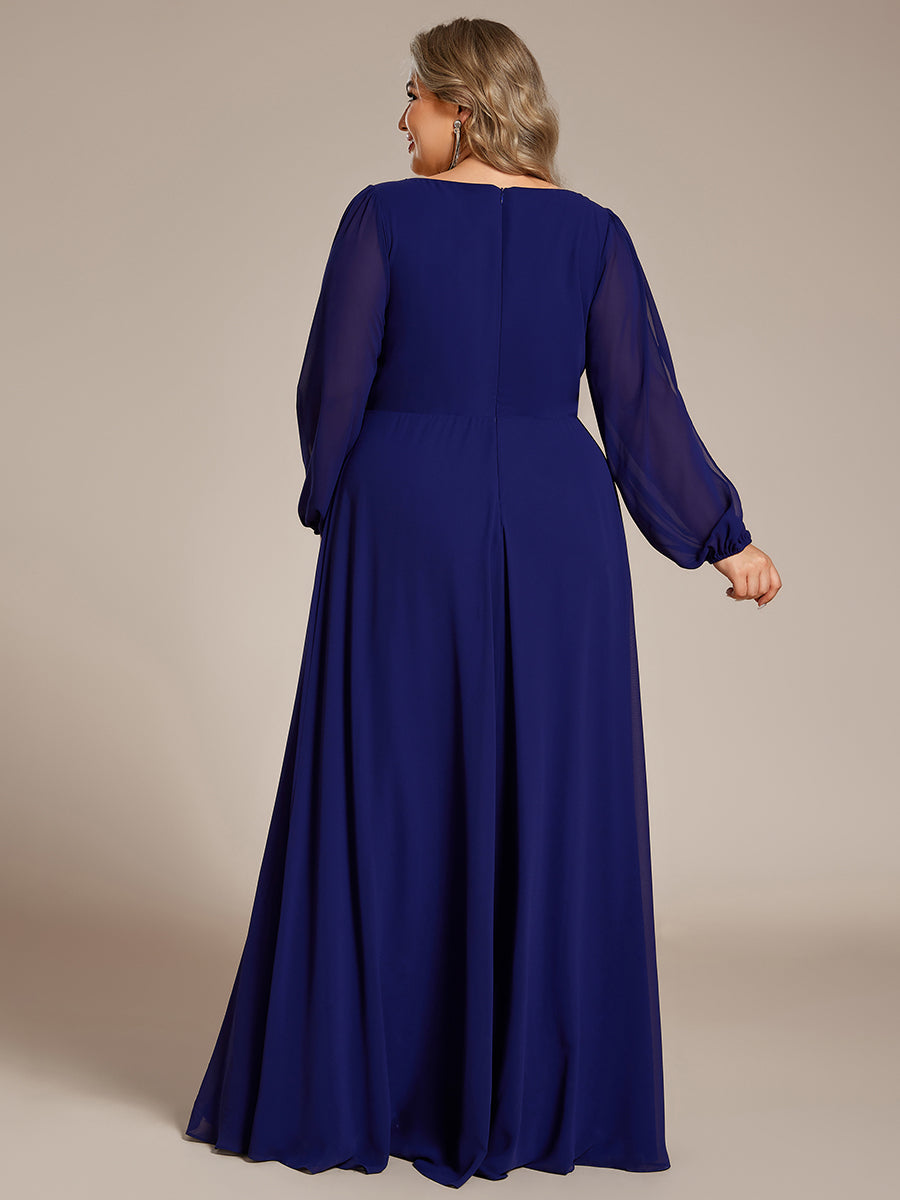 Color=Royal Blue | Factory Design Long Sleeve Lantern Sleeve Deep V-Neck A-Line Floor Length Evening Dresses-Royal Blue 40