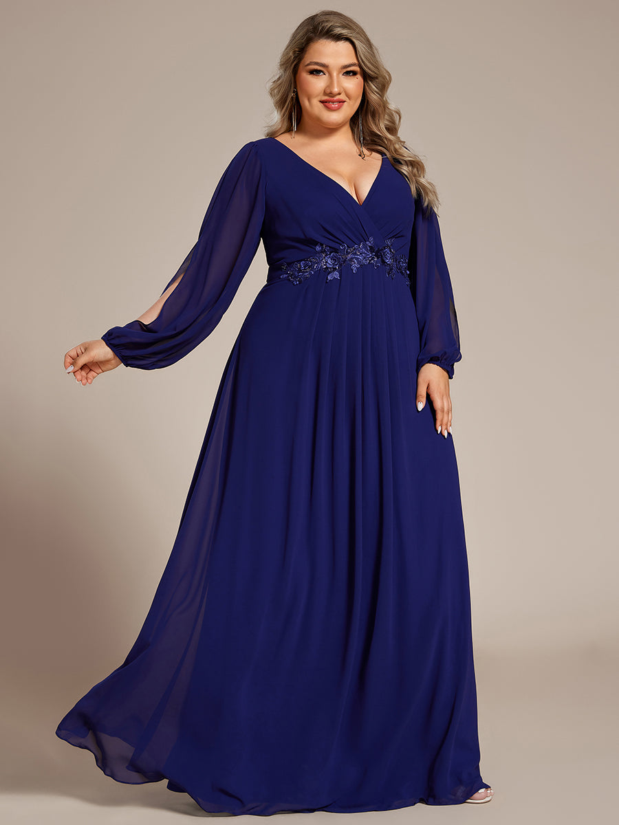 Color=Royal Blue | Factory Design Long Sleeve Lantern Sleeve Deep V-Neck A-Line Floor Length Evening Dresses-Royal Blue 42