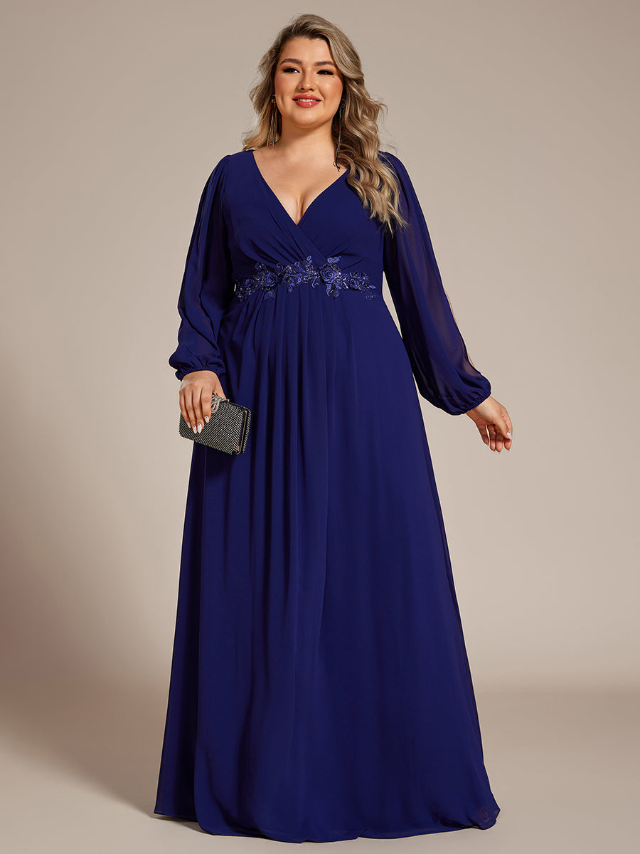 Color=Royal Blue | Factory Design Long Sleeve Lantern Sleeve Deep V-Neck A-Line Floor Length Evening Dresses-Royal Blue 43