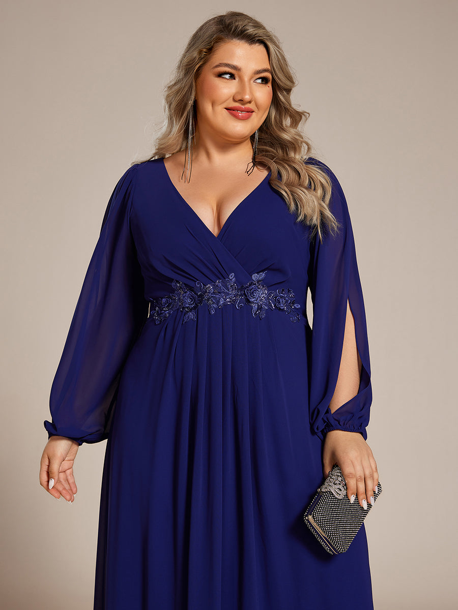 Color=Royal Blue | Factory Design Long Sleeve Lantern Sleeve Deep V-Neck A-Line Floor Length Evening Dresses-Royal Blue 41
