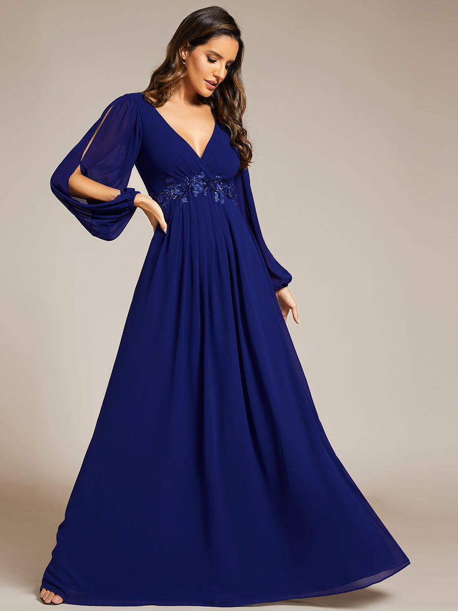 Color=Royal Blue | Factory Design Long Sleeve Lantern Sleeve Deep V-Neck A-Line Floor Length Evening Dresses-Royal Blue 34