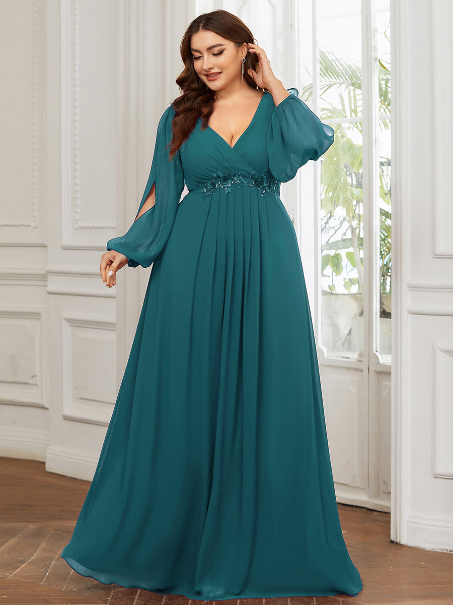 Color=Teal | Factory Design Long Sleeve Lantern Sleeve Deep V-Neck A-Line Floor Length Evening Dresses-Teal 49