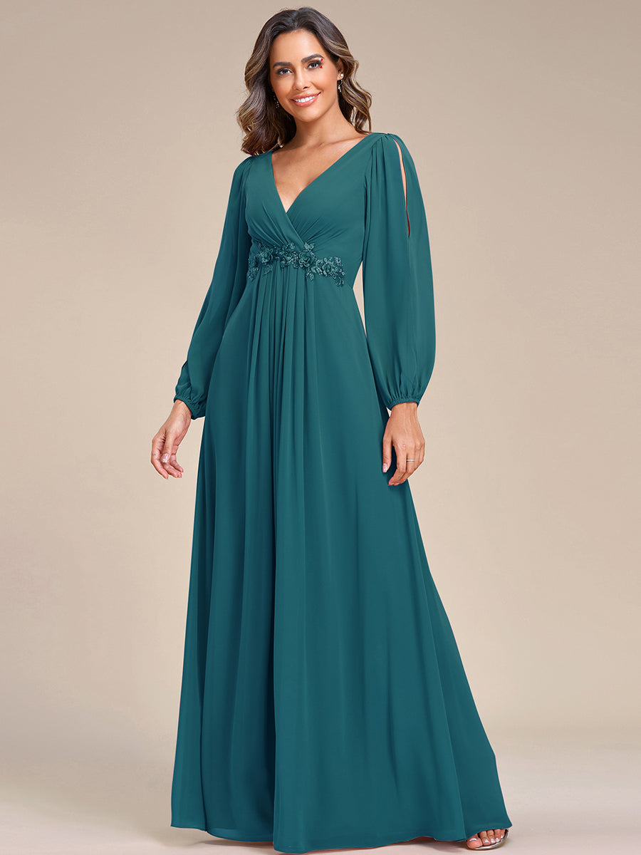 Color=Teal | Factory Design Long Sleeve Lantern Sleeve Deep V-Neck A-Line Floor Length Evening Dresses-Teal 44