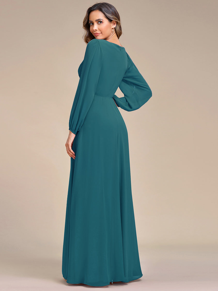 Color=Teal | Factory Design Long Sleeve Lantern Sleeve Deep V-Neck A-Line Floor Length Evening Dresses-Teal 45