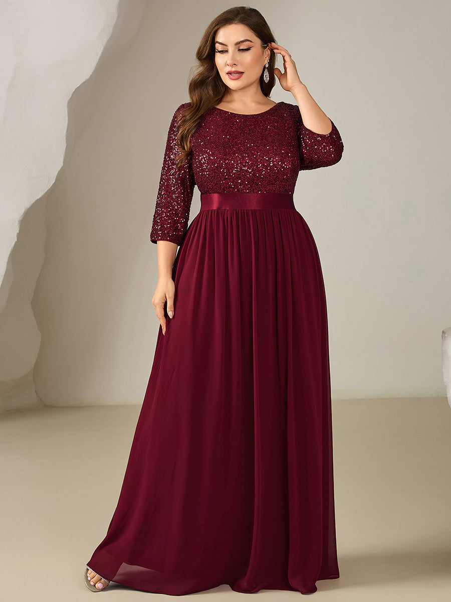 Color=Burgundy | Bulk Order Plus Size 3/4 Sleeve Sequin Patchwork A-Line Floor Length Evening Dresses-Burgundy 4