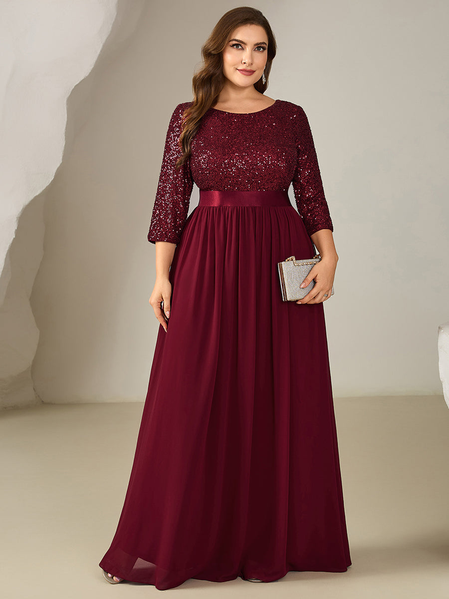 Color=Burgundy | Bulk Order Plus Size 3/4 Sleeve Sequin Patchwork A-Line Floor Length Evening Dresses-Burgundy 5
