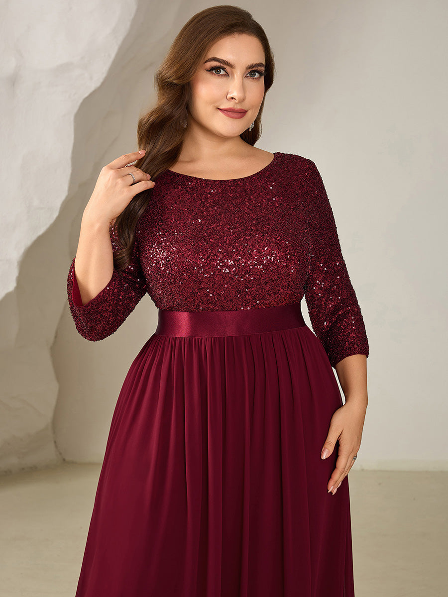 Color=Burgundy | Bulk Order Plus Size 3/4 Sleeve Sequin Patchwork A-Line Floor Length Evening Dresses-Burgundy 3