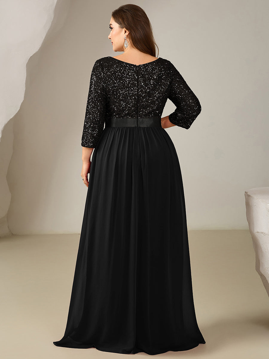 Color=Black | Bulk Order Plus Size 3/4 Sleeve Sequin Patchwork A-Line Floor Length Evening Dresses-Black 7
