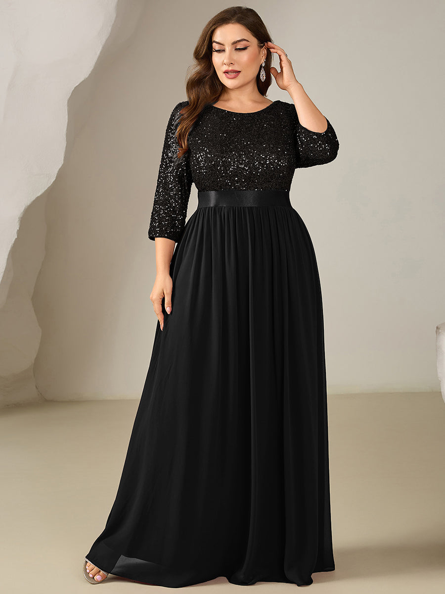 Color=Black | Bulk Order Plus Size 3/4 Sleeve Sequin Patchwork A-Line Floor Length Evening Dresses-Black 9