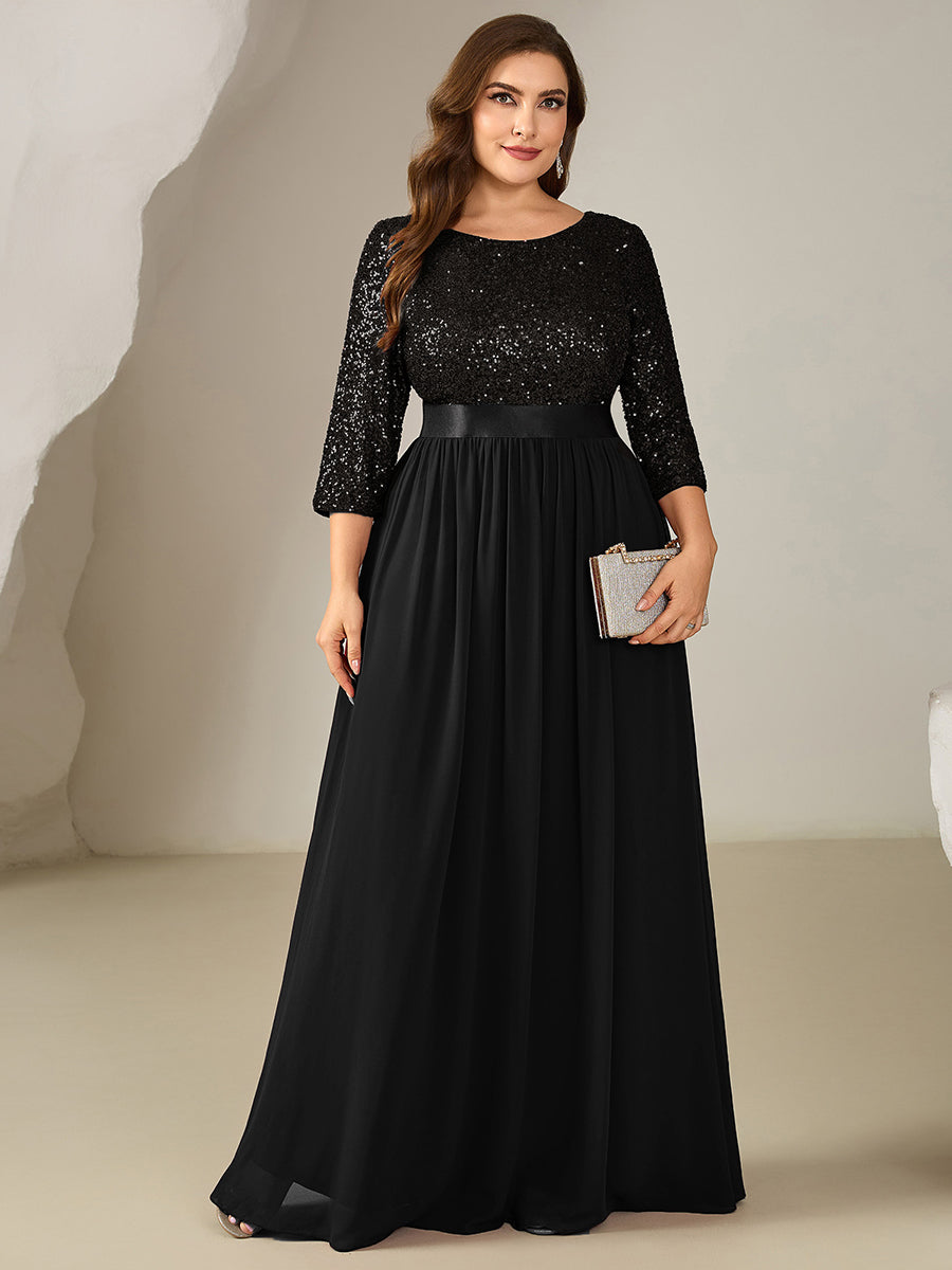 Color=Black | Bulk Order Plus Size 3/4 Sleeve Sequin Patchwork A-Line Floor Length Evening Dresses-Black 10