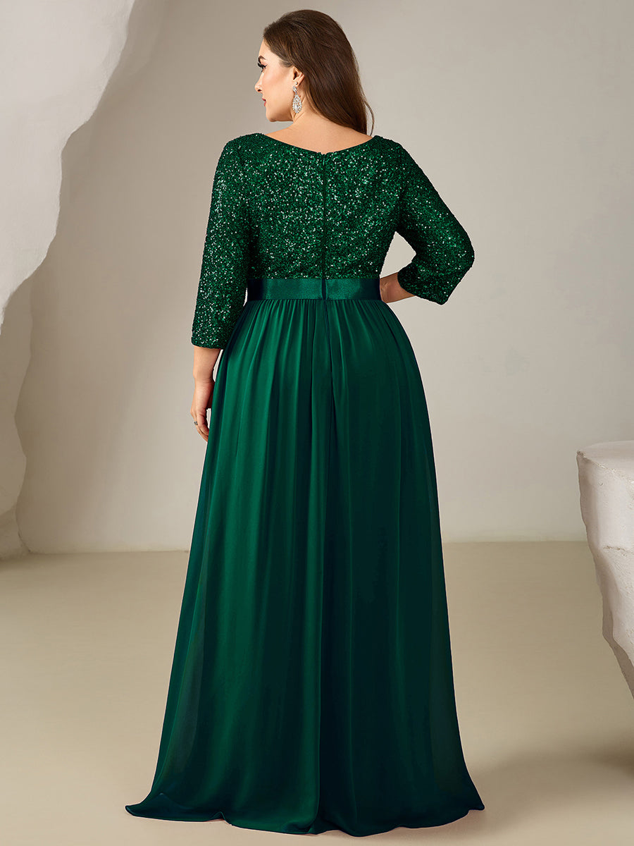 Color=Dark Green | Bulk Order Plus Size 3/4 Sleeve Sequin Patchwork A-Line Floor Length Evening Dresses-Dark Green 12