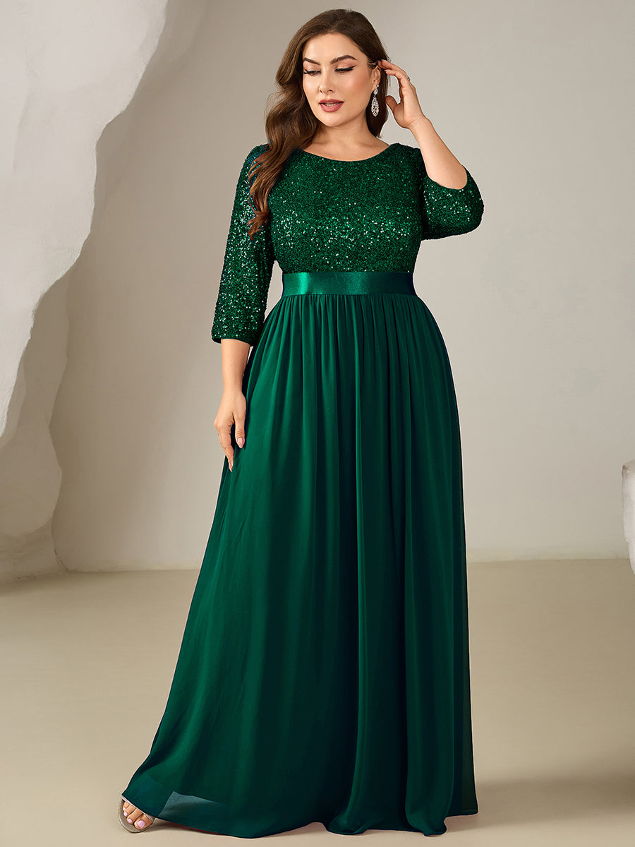 Color=Dark Green | Bulk Order Plus Size 3/4 Sleeve Sequin Patchwork A-Line Floor Length Evening Dresses-Dark Green 14