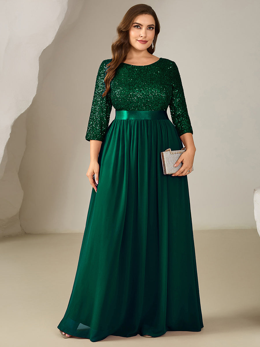 Color=Dark Green | Bulk Order Plus Size 3/4 Sleeve Sequin Patchwork A-Line Floor Length Evening Dresses-Dark Green 15