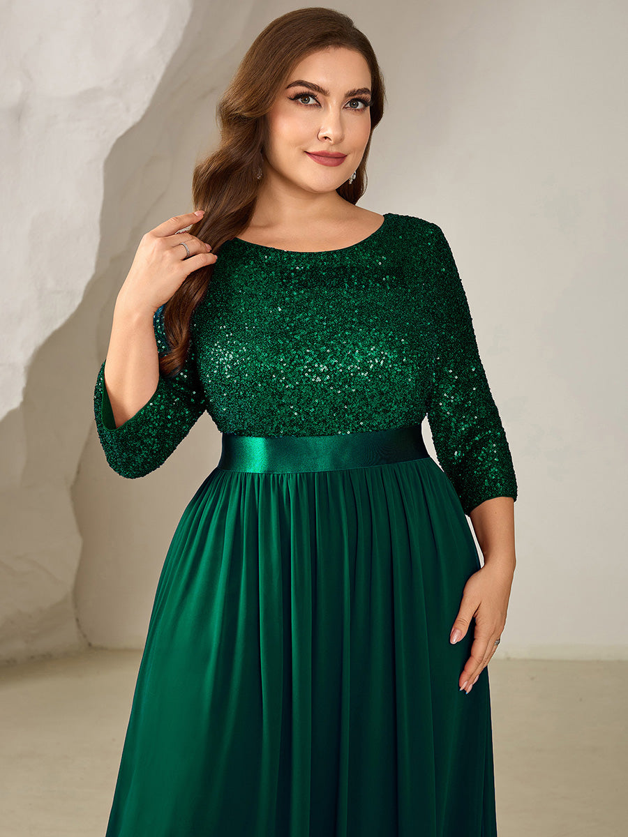 Color=Dark Green | Bulk Order Plus Size 3/4 Sleeve Sequin Patchwork A-Line Floor Length Evening Dresses-Dark Green 13