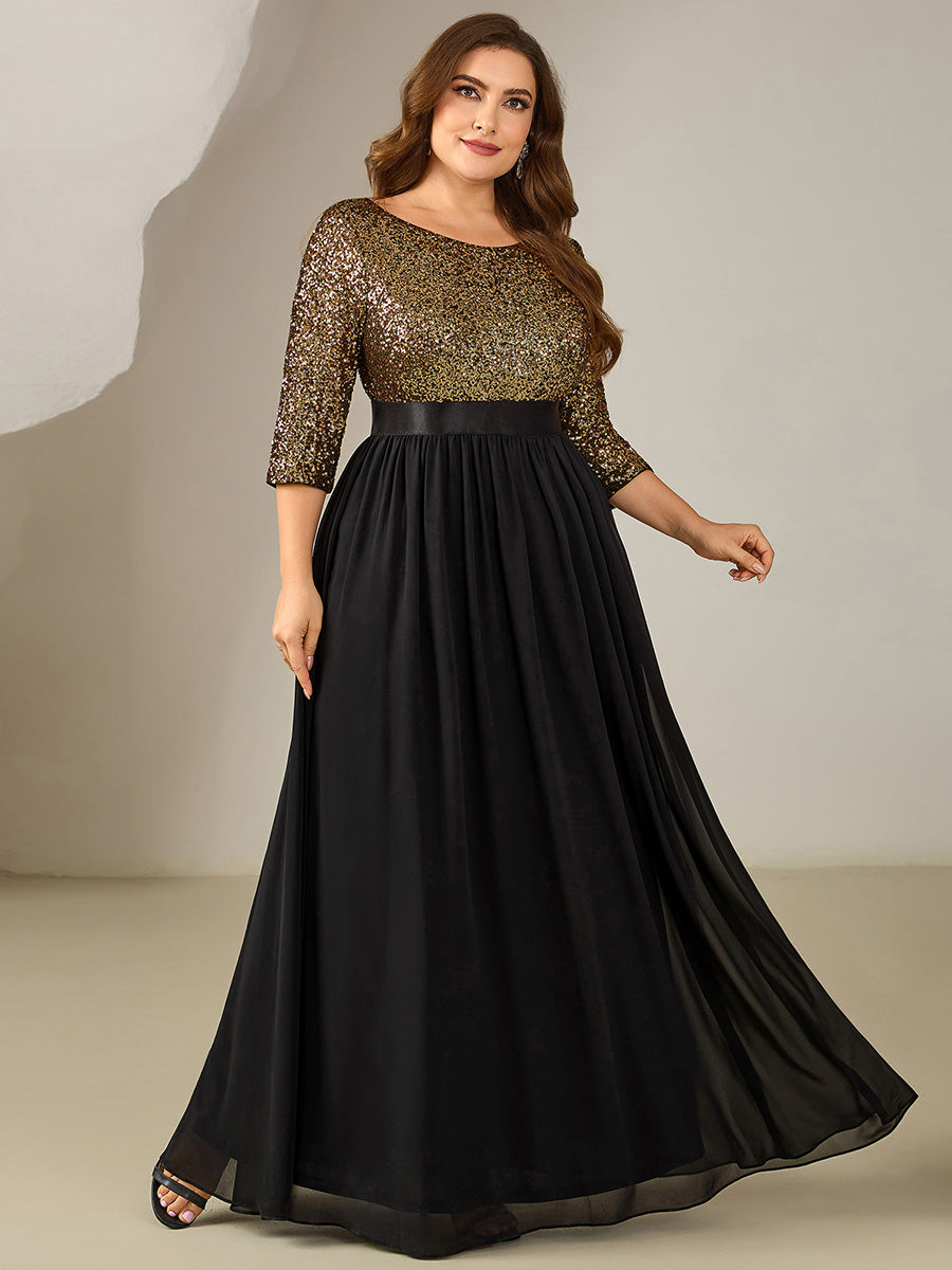 Color=Black Gold | Bulk Order Plus Size 3/4 Sleeve Sequin Patchwork A-Line Floor Length Evening Dresses-Black Gold 19