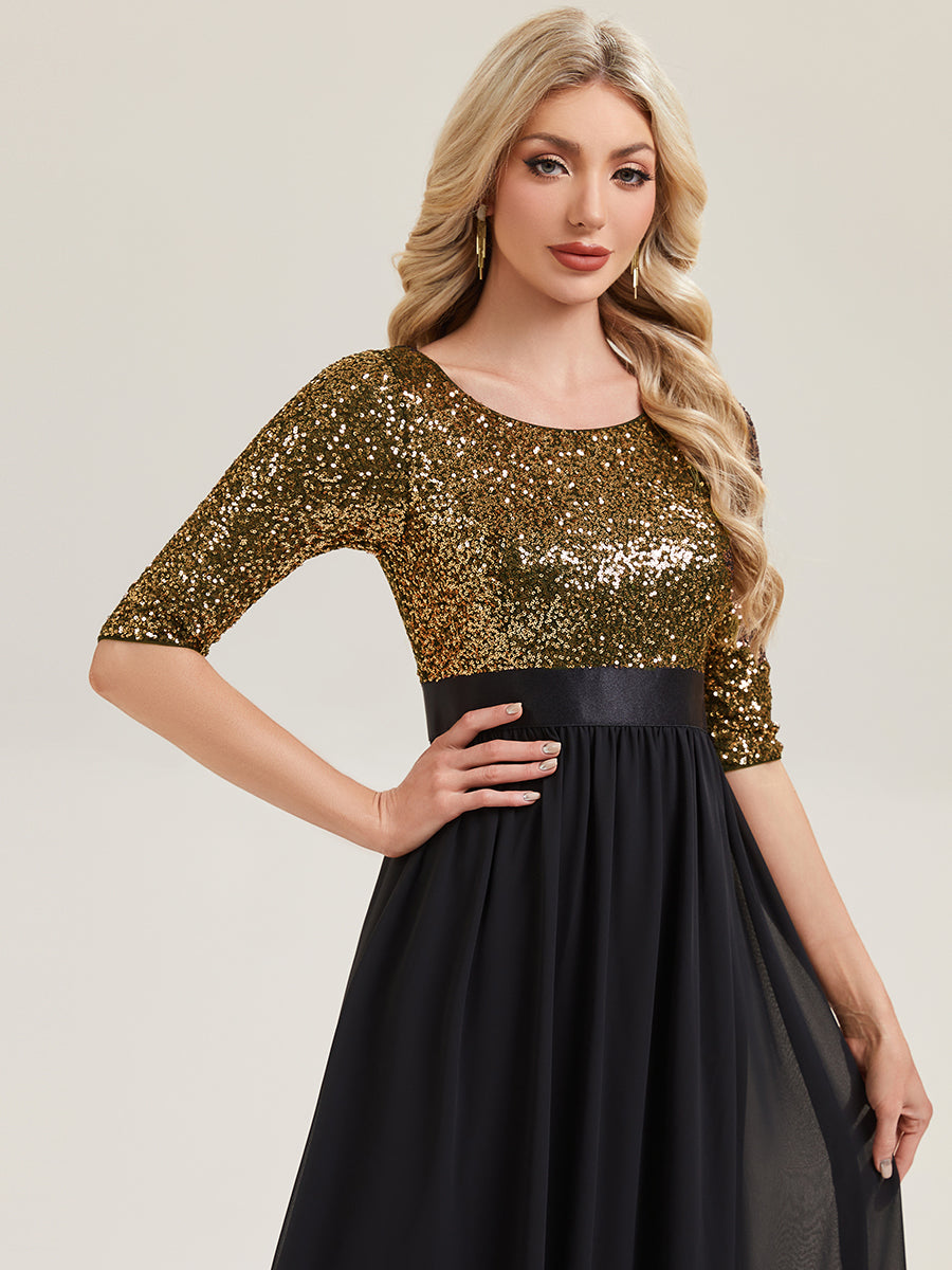 Color=Black Gold | B2B-Exclusive 3/4 Sleeve Sequin Patchwork A-Line Floor Length Evening Dresses-Black Gold 33