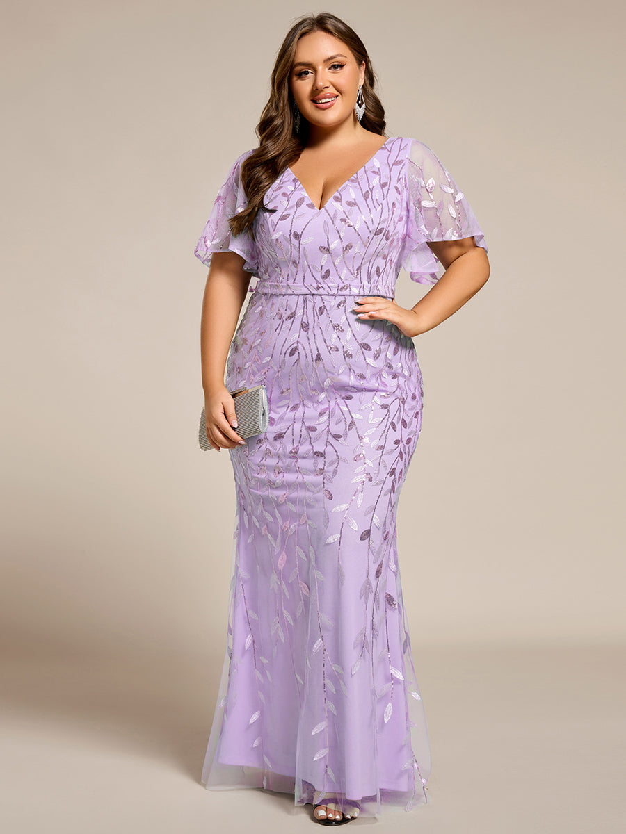 Color=Lavender | Fast Delivery Short Sleeve Ruffle V-Neck Floral Fishtail Floor Length Evening Dresses-Lavender 9