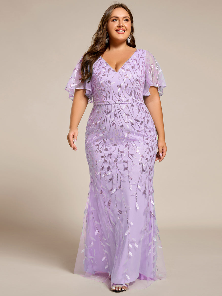 Color=Lavender | Fast Delivery Short Sleeve Ruffle V-Neck Floral Fishtail Floor Length Evening Dresses-Lavender 10
