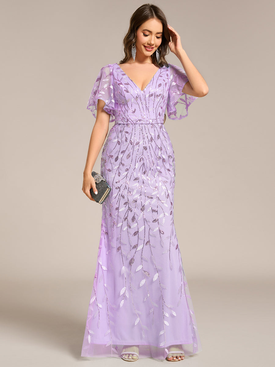 Color=Lavender | Fast Delivery Short Sleeve Ruffle V-Neck Floral Fishtail Floor Length Evening Dresses-Lavender 4
