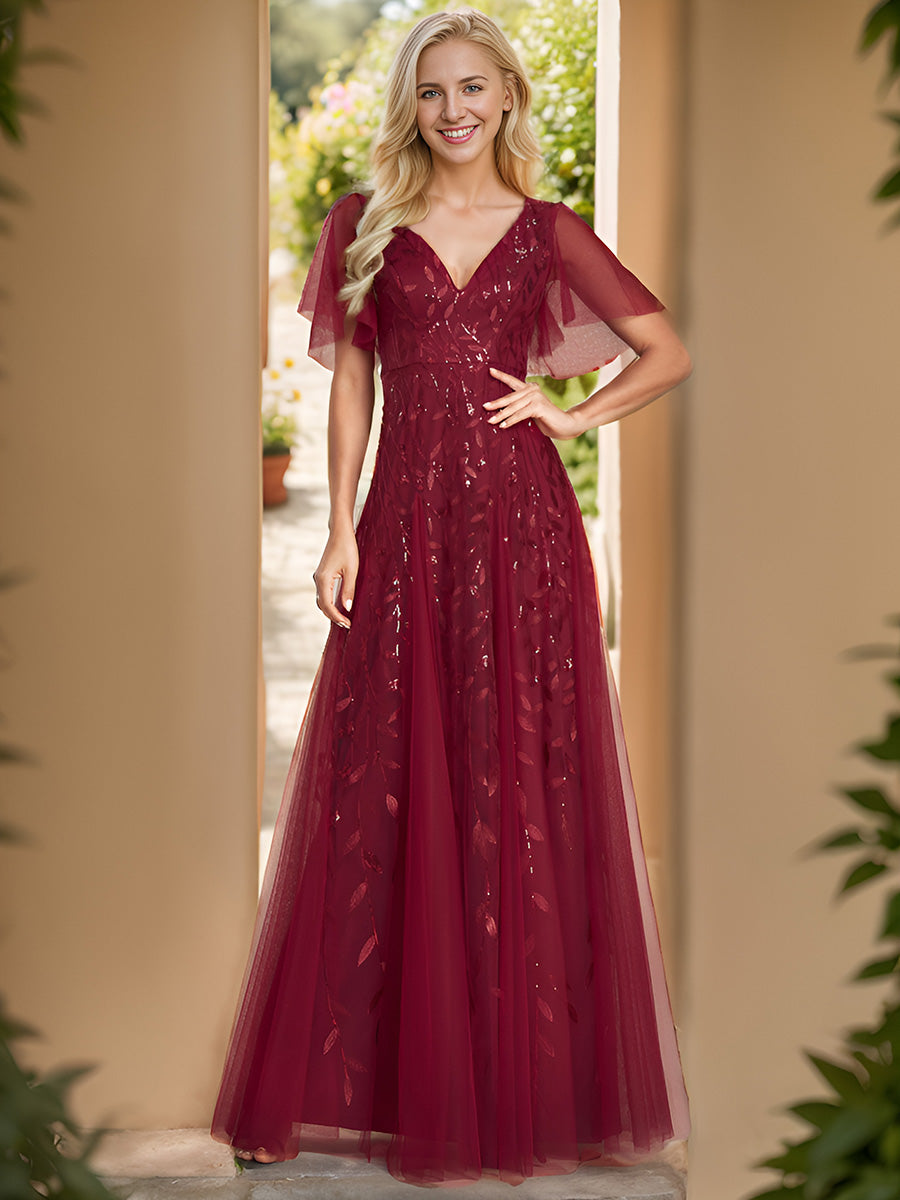 Color=Burgundy | One Stop Shop Short Sleeve Ruffle Sequin Deep V-Neck A-Line Floor Length Evening Dresses-Burgundy 14