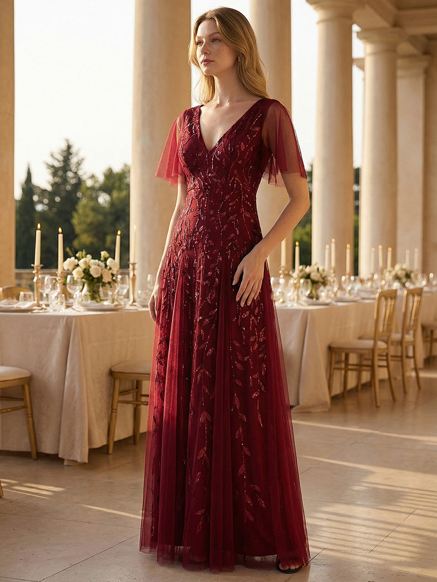 Color=Burgundy | One Stop Shop Short Sleeve Ruffle Sequin Deep V-Neck A-Line Floor Length Evening Dresses-Burgundy 9