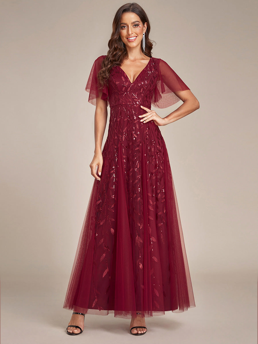 Color=Burgundy | One Stop Shop Short Sleeve Ruffle Sequin Deep V-Neck A-Line Floor Length Evening Dresses-Burgundy 10