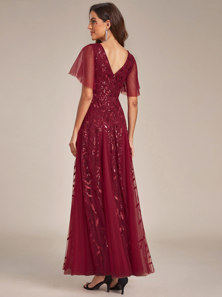 Color=Burgundy | One Stop Shop Short Sleeve Ruffle Sequin Deep V-Neck A-Line Floor Length Evening Dresses-Burgundy 11