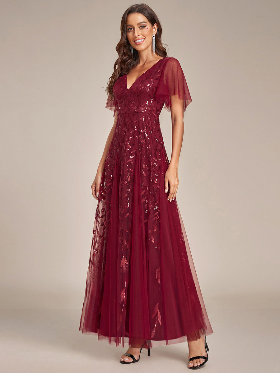 Color=Burgundy | One Stop Shop Short Sleeve Ruffle Sequin Deep V-Neck A-Line Floor Length Evening Dresses-Burgundy 12