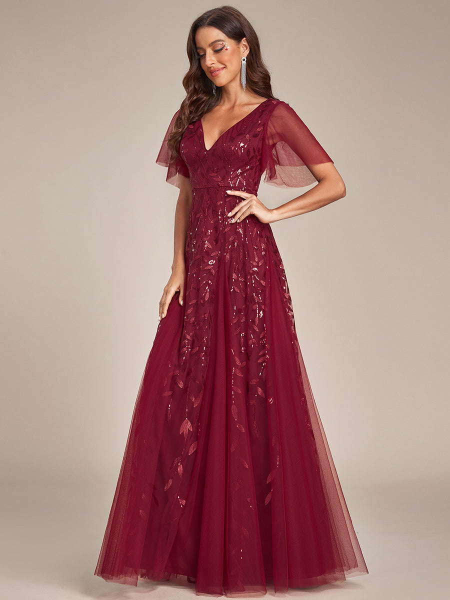 Color=Burgundy | One Stop Shop Short Sleeve Ruffle Sequin Deep V-Neck A-Line Floor Length Evening Dresses-Burgundy 3