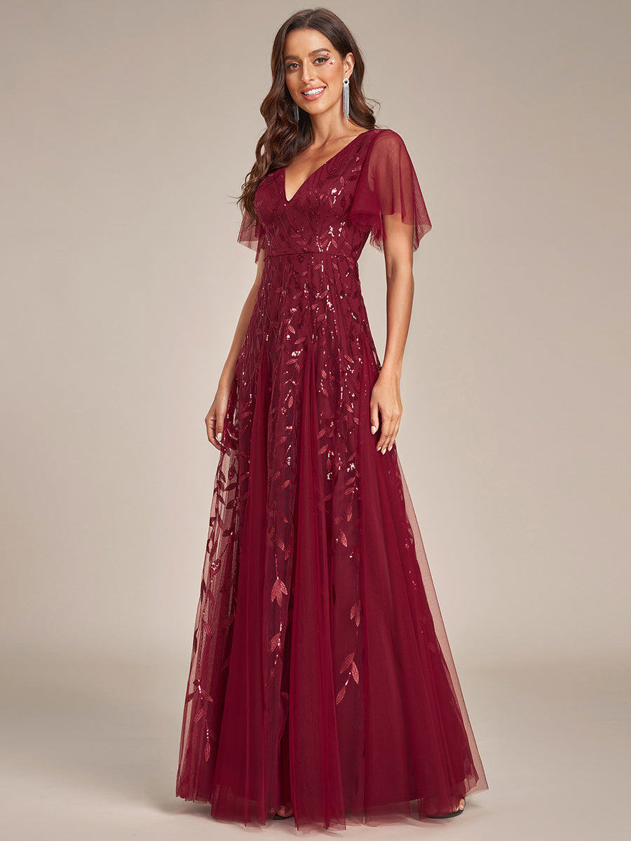 Color=Burgundy | One Stop Shop Short Sleeve Ruffle Sequin Deep V-Neck A-Line Floor Length Evening Dresses-Burgundy 4