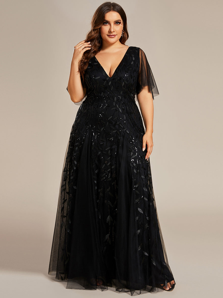 Color=Black | One Stop Shop Short Sleeve Ruffle Sequin Deep V-Neck A-Line Floor Length Evening Dresses-Black 6