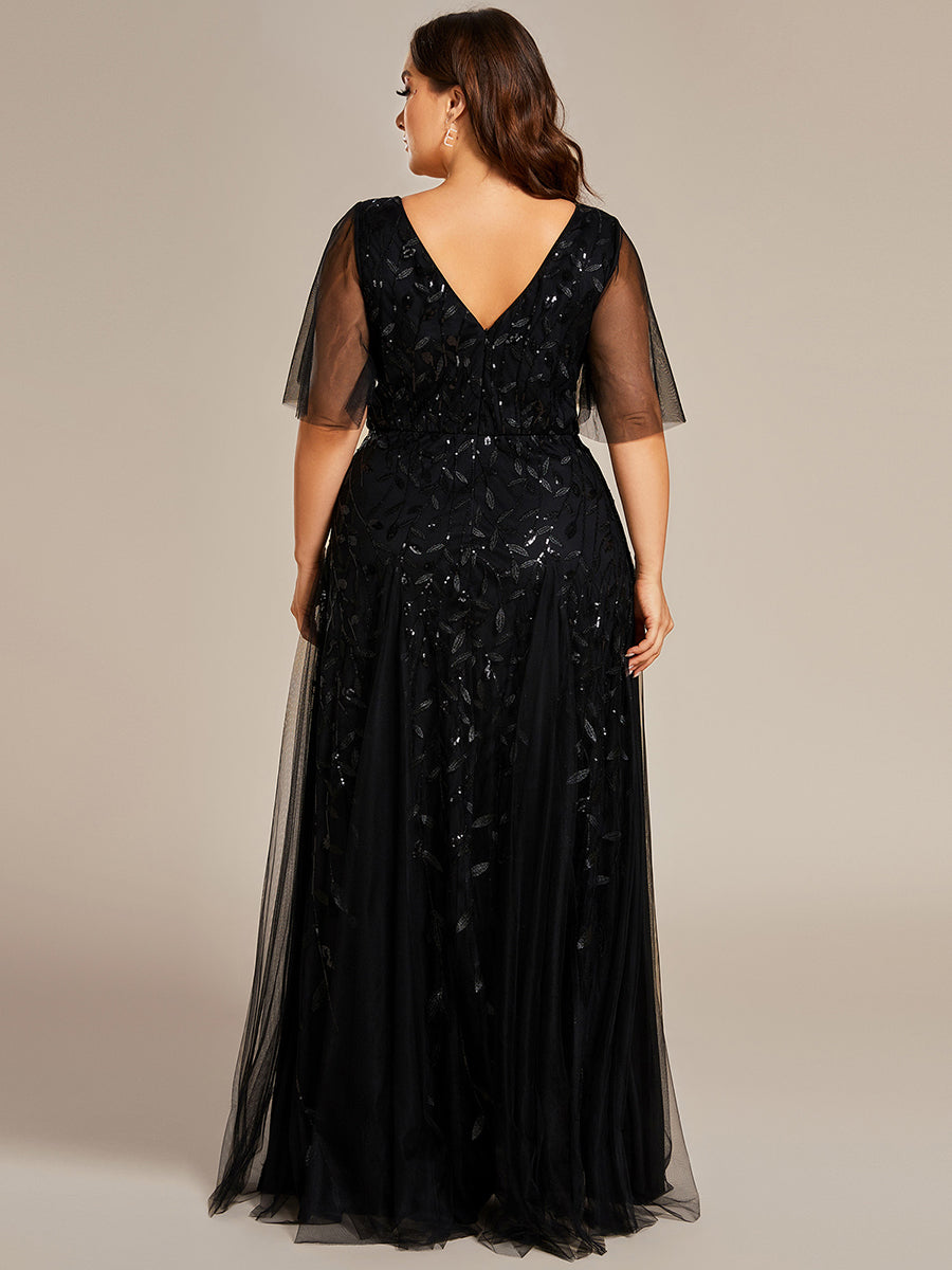 Color=Black | One Stop Shop Short Sleeve Ruffle Sequin Deep V-Neck A-Line Floor Length Evening Dresses-Black 7