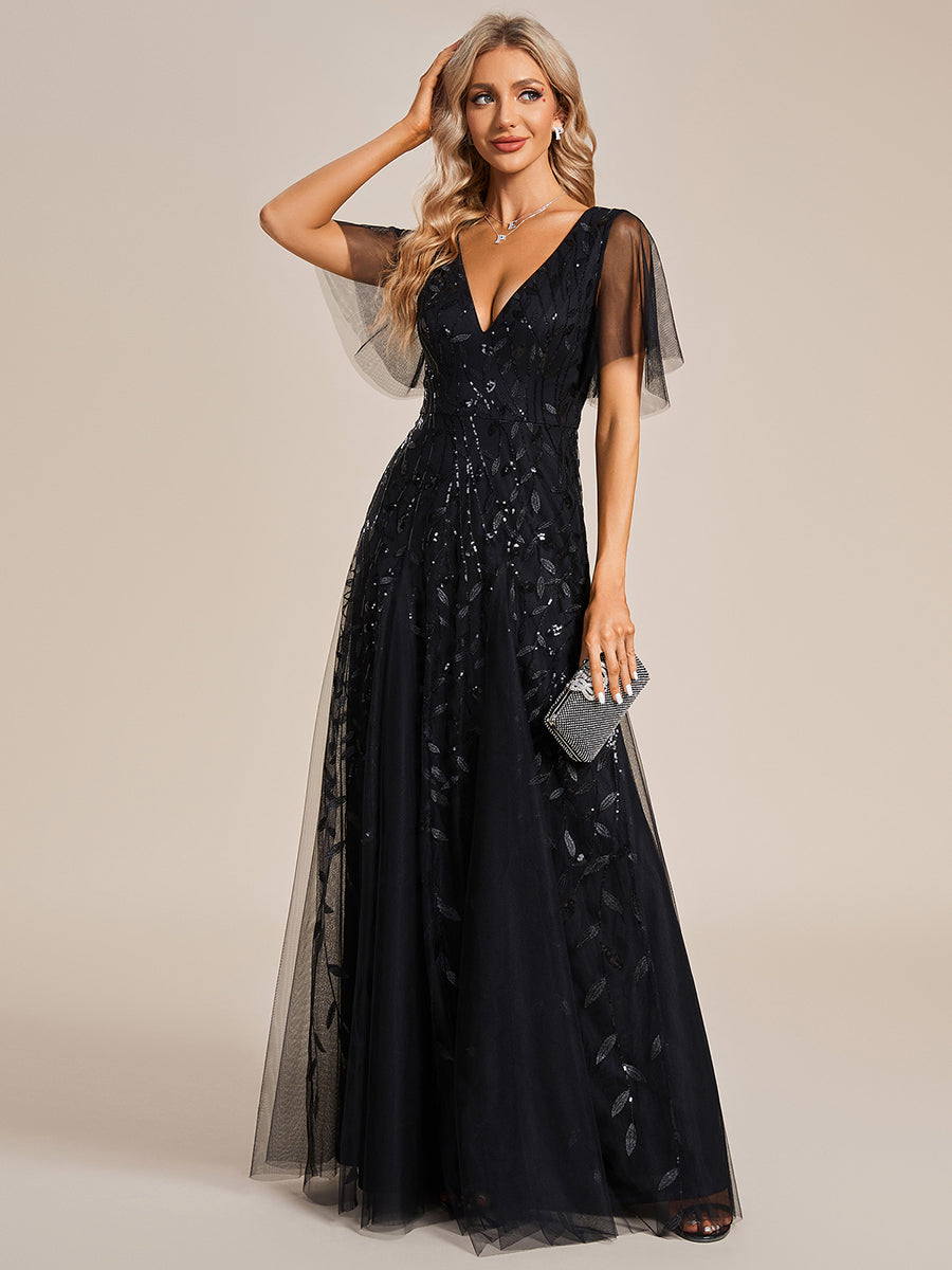 Color=Black | One Stop Shop Short Sleeve Ruffle Sequin Deep V-Neck A-Line Floor Length Evening Dresses-Black 4