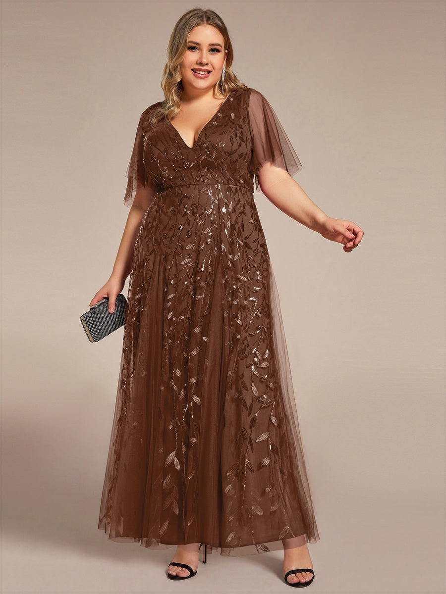 Color=Brown | One Stop Shop Short Sleeve Ruffle Sequin Deep V-Neck A-Line Floor Length Evening Dresses-Brown 1