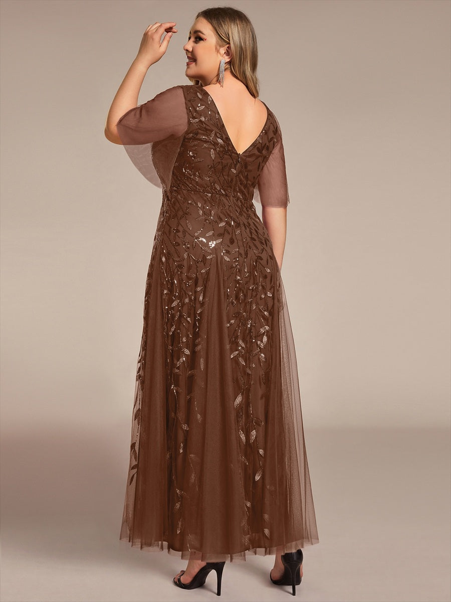 Color=Brown | One Stop Shop Short Sleeve Ruffle Sequin Deep V-Neck A-Line Floor Length Evening Dresses-Brown 2
