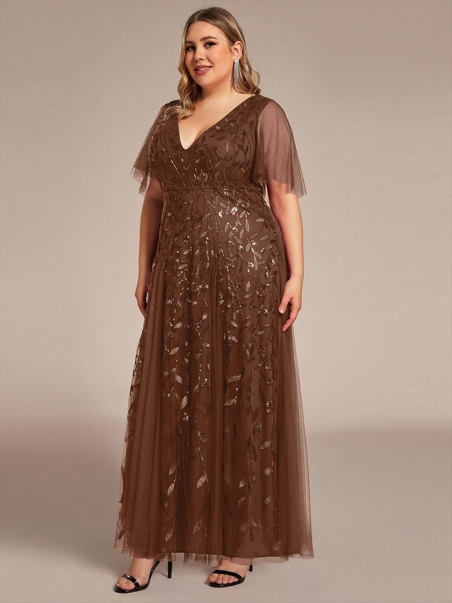 Color=Brown | One Stop Shop Short Sleeve Ruffle Sequin Deep V-Neck A-Line Floor Length Evening Dresses-Brown 3